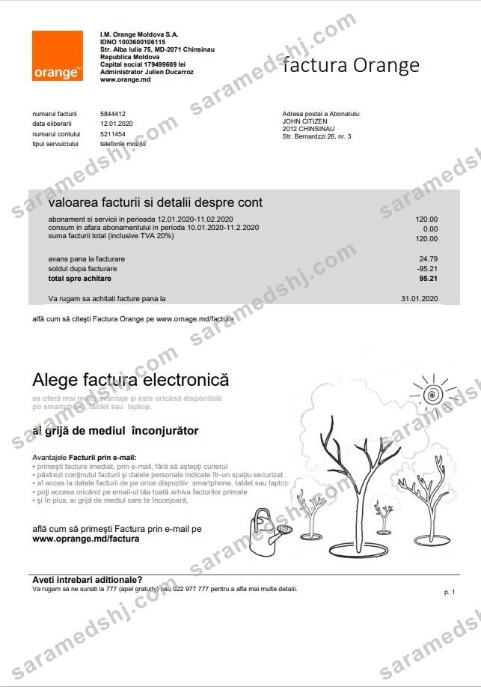 Moldova Orange Factura utility bill template in Word and PDF format